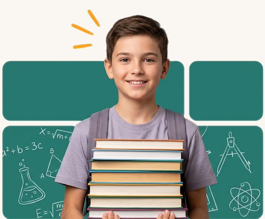 Estudante do Núcleo A+ segurando pilha de livros diante de blocos pedagógicos