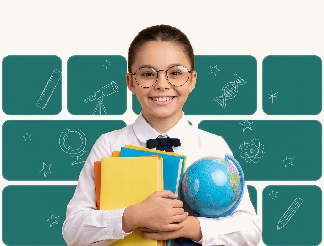 Estudante com óculos segurando livros coloridos e globo terrestre